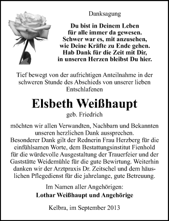 Traueranzeige von Elsbeth Weißhaupt von Mitteldeutsche Zeitung Sangerhausen
