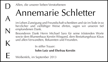 Traueranzeige von Annemarie Schletter von Mitteldeutsche Zeitung Weißenfels