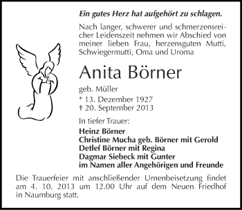 Traueranzeige von Anita Börner von Mitteldeutsche Zeitung Naumburg/Nebra
