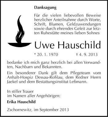Traueranzeige von Uwe Hauschild von Mitteldeutsche Zeitung Wittenberg