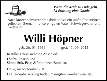 Traueranzeige von Willi Höpner von Mitteldeutsche Zeitung Halle/Saalkreis