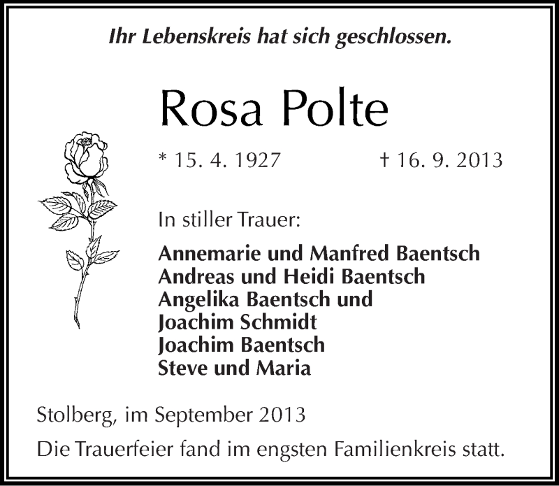  Traueranzeige für Rosa Polte vom 27.09.2013 aus Mitteldeutsche Zeitung Sangerhausen