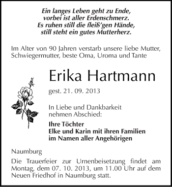 Traueranzeige von Erika Hartmann von Mitteldeutsche Zeitung Naumburg/Nebra
