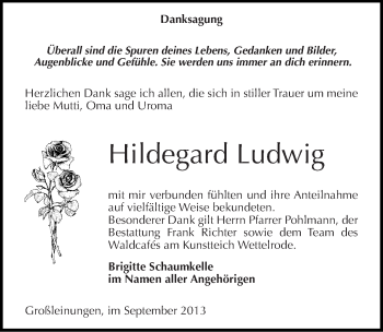 Traueranzeige von Hildegard Ludwig von Mitteldeutsche Zeitung Sangerhausen