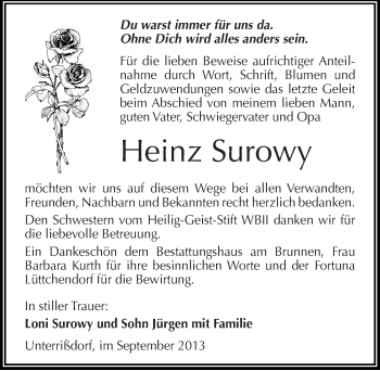 Traueranzeige von Heinz Surowy von Mitteldeutsche Zeitung Mansfelder Land