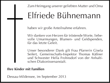 Traueranzeige von Elfriede Bühnemann von Mitteldeutsche Zeitung Dessau-Roßlau