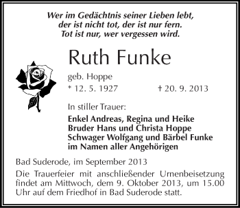 Traueranzeige von Ruth Funke von Mitteldeutsche Zeitung Quedlinburg