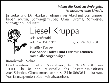 Traueranzeige von Liesel Kruppa von Mitteldeutsche Zeitung