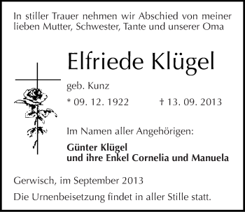Traueranzeige von Elfriede Klügel von Mitteldeutsche Zeitung Bitterfeld