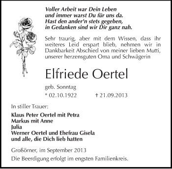 Traueranzeige von Elfriede Oertel von Mitteldeutsche Zeitung Mansfelder Land