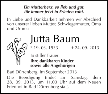 Traueranzeige von Jutta Baum von Mitteldeutsche Zeitung Merseburg/Querfurt