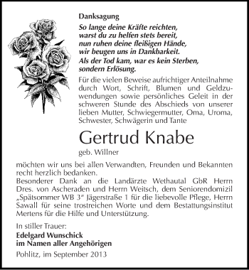 Traueranzeige von Gertrud Knabe von Mitteldeutsche Zeitung Naumburg/Nebra