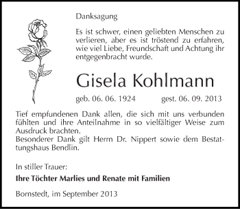 Traueranzeige von Gisela Kohlmann von Mitteldeutsche Zeitung Mansfelder Land