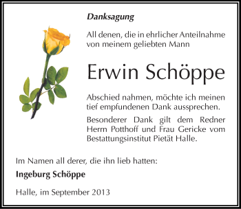 Traueranzeige von Erwin Schöppe von Mitteldeutsche Zeitung