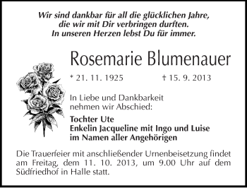 Traueranzeige von Rosemarie Blumenauer von Mitteldeutsche Zeitung Halle/Saalkreis