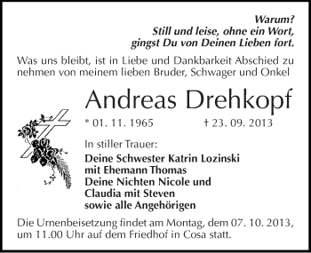 Traueranzeige von Andreas Drehkopf von Mitteldeutsche Zeitung Köthen