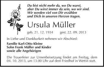 Traueranzeige von Ursula Müller von Mitteldeutsche Zeitung Halle/Saalkreis