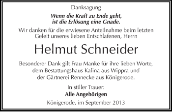 Traueranzeige von Helmut Schneider von Mitteldeutsche Zeitung Quedlinburg