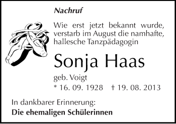 Traueranzeige von Sonja Haas von Mitteldeutsche Zeitung Halle/Saalkreis