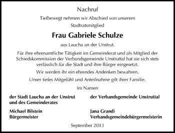 Traueranzeige von Gabriele Schulze von Mitteldeutsche Zeitung Naumburg/Nebra
