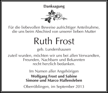 Traueranzeige von Ruth Frost von Mitteldeutsche Zeitung Sangerhausen