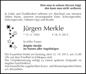 Traueranzeige von Jürgen Merkle von Mitteldeutsche Zeitung