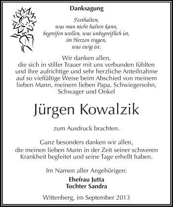 Traueranzeige von Jürgen Kowalzik von Mitteldeutsche Zeitung Wittenberg
