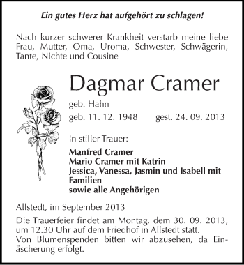 Traueranzeige von Dagmar Cramer von Mitteldeutsche Zeitung Sangerhausen