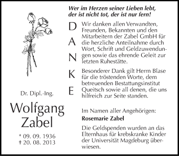 Traueranzeige von Wolfgang Zabel von Mitteldeutsche Zeitung