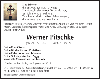 Traueranzeige von Werner Pitschke von Mitteldeutsche Zeitung Köthen