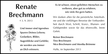 Traueranzeige von Renate Brechmann von Mitteldeutsche Zeitung Halle/Saalkreis