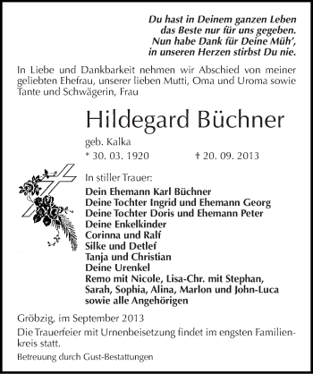 Traueranzeige von Hildegard Büchner von Mitteldeutsche Zeitung Köthen