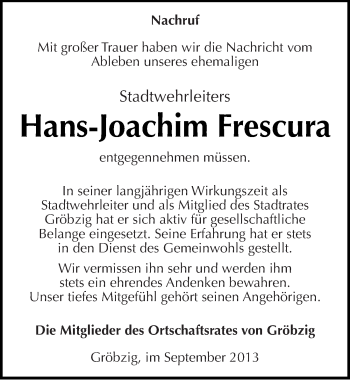 Traueranzeige von Hans-Joachim Frescura von Mitteldeutsche Zeitung Köthen