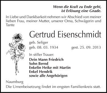 Traueranzeige von Gertrud Eisenschmidt von Mitteldeutsche Zeitung Naumburg/Nebra