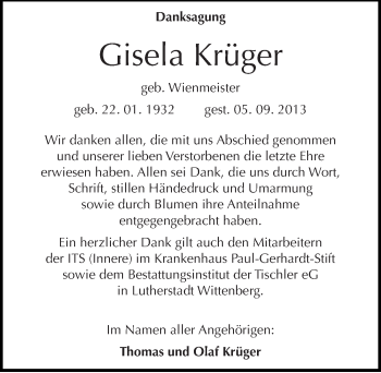 Traueranzeige von Gisela Krüger von Mitteldeutsche Zeitung Wittenberg