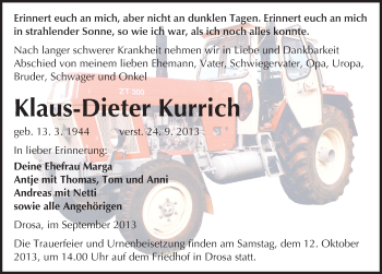 Traueranzeige von Klaus-Dieter Kurrich von Mitteldeutsche Zeitung Köthen