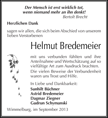 Traueranzeige von Helmut Bredemeier von Mitteldeutsche Zeitung Mansfelder Land