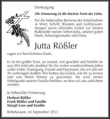 Traueranzeige von Jutta Rößler von Mitteldeutsche Zeitung Naumburg/Nebra
