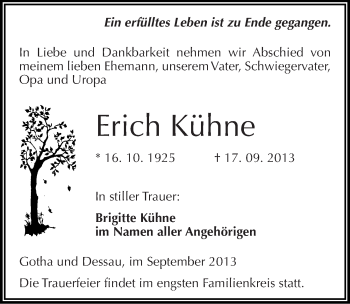 Traueranzeige von Erich Kühne von Mitteldeutsche Zeitung Dessau-Roßlau