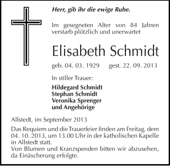 Traueranzeige von Elisabeth Schmidt von Mitteldeutsche Zeitung Sangerhausen