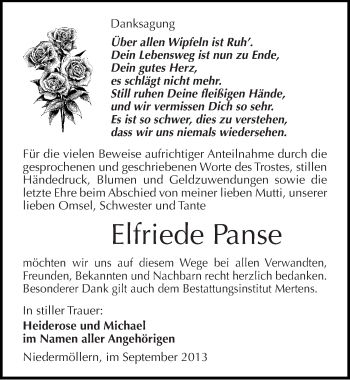 Traueranzeige von Elfriede Panse von Mitteldeutsche Zeitung Naumburg/Nebra