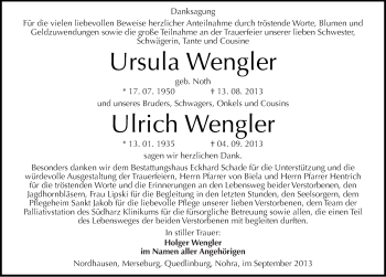 Traueranzeige von Ursula und Ulrich Wengler von Mitteldeutsche Zeitung Merseburg/Querfurt