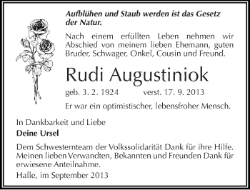 Traueranzeige von Rudi Augustiniok von Mitteldeutsche Zeitung Halle/Saalkreis