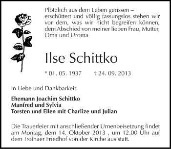 Traueranzeige von Ilse Schittko von Mitteldeutsche Zeitung Halle/Saalkreis