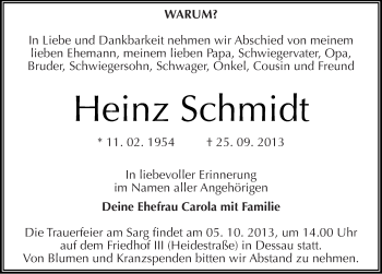 Traueranzeige von Heinz Schmidt von Mitteldeutsche Zeitung Dessau-Roßlau