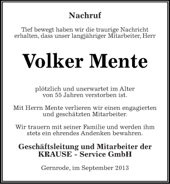 Traueranzeige von Volker Mente von Mitteldeutsche Zeitung Quedlinburg