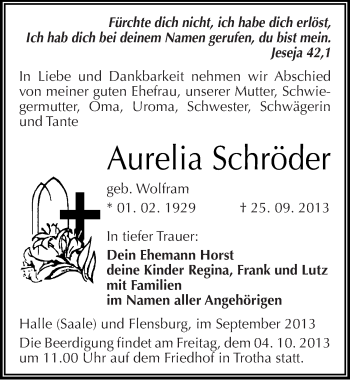 Traueranzeige von Aurelia Schröder von Mitteldeutsche Zeitung Halle/Saalkreis