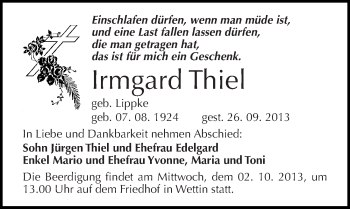 Traueranzeige von Irmgard Thiel von Mitteldeutsche Zeitung Halle/Saalkreis