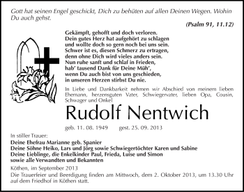 Traueranzeige von Rudolf Nentwich von Mitteldeutsche Zeitung Köthen
