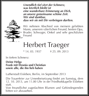 Traueranzeige von Herbert Traeger von Mitteldeutsche Zeitung Mansfelder Land